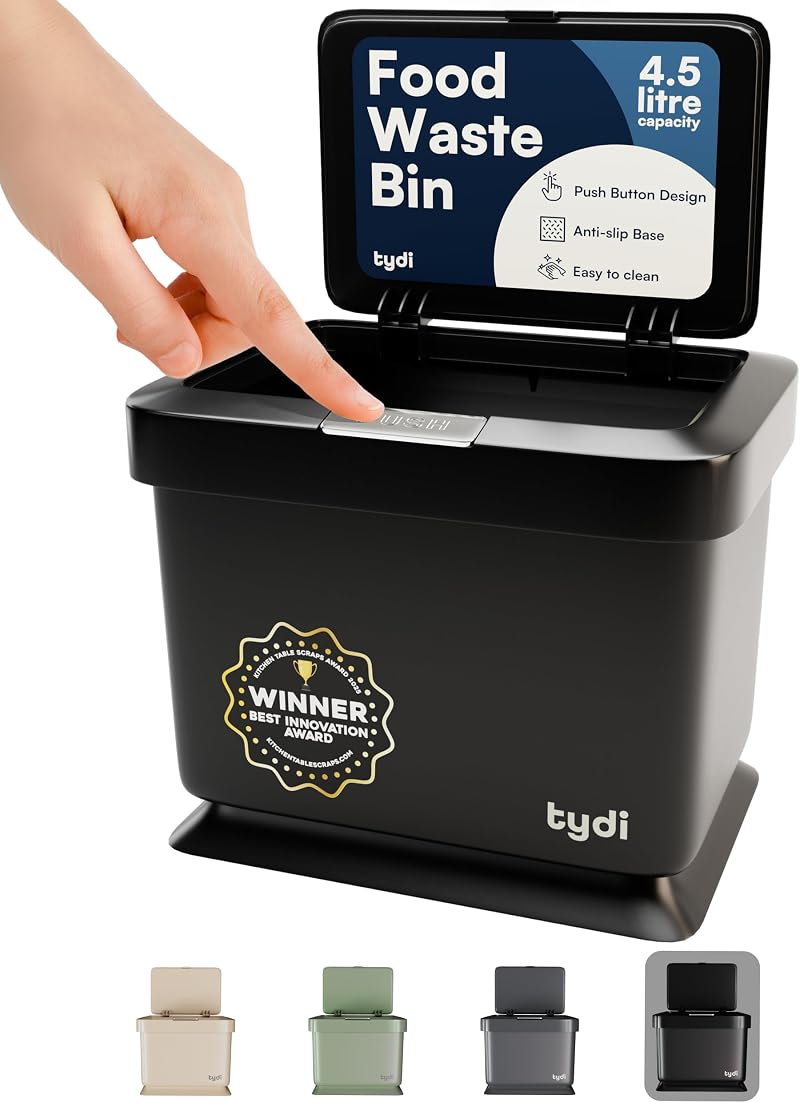 Tydi 4.5L Food Waste Bin with Press Button Lid Black Kitchen Compost Caddy
