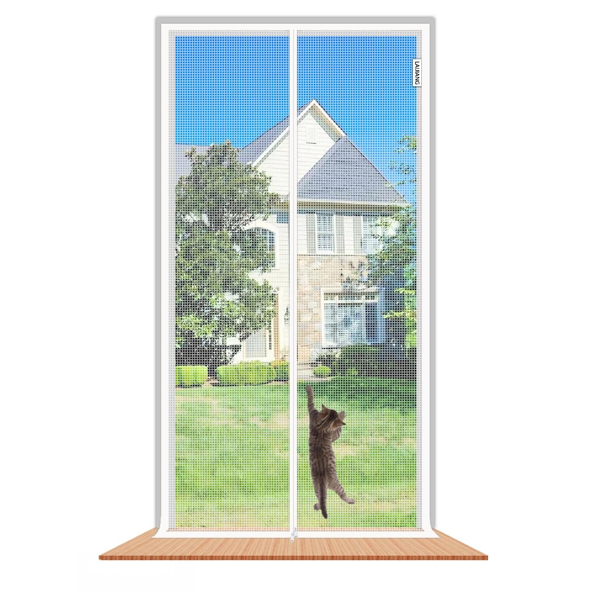 LAIJIANG Reinforced Cat Screen Door, 110x220cm Thickened Cats Resistant Mesh With Zipper Closure, Keep Cats In & Bugs Out, Pets Scratch Proof For Front Doors, Sliding Doors (Fits Openings 105x215cm)
