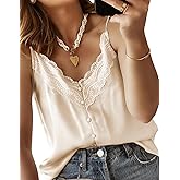 miduo Womens Satin V Neck Lace Trim Buttoned Cami Spaghetti Strap Camisole Sleeveless Tank Tops
