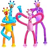 Giraffe Sensory Travel Toys 4Pcs for Road Trip Car Ride Airplane Toddler Girl Year Old Ages 3 4 5 6 7 8, Suction Autism Pop Tube Fidget Toy Autistic Valentines Day Stocking Easter Basket Stuffer Gift