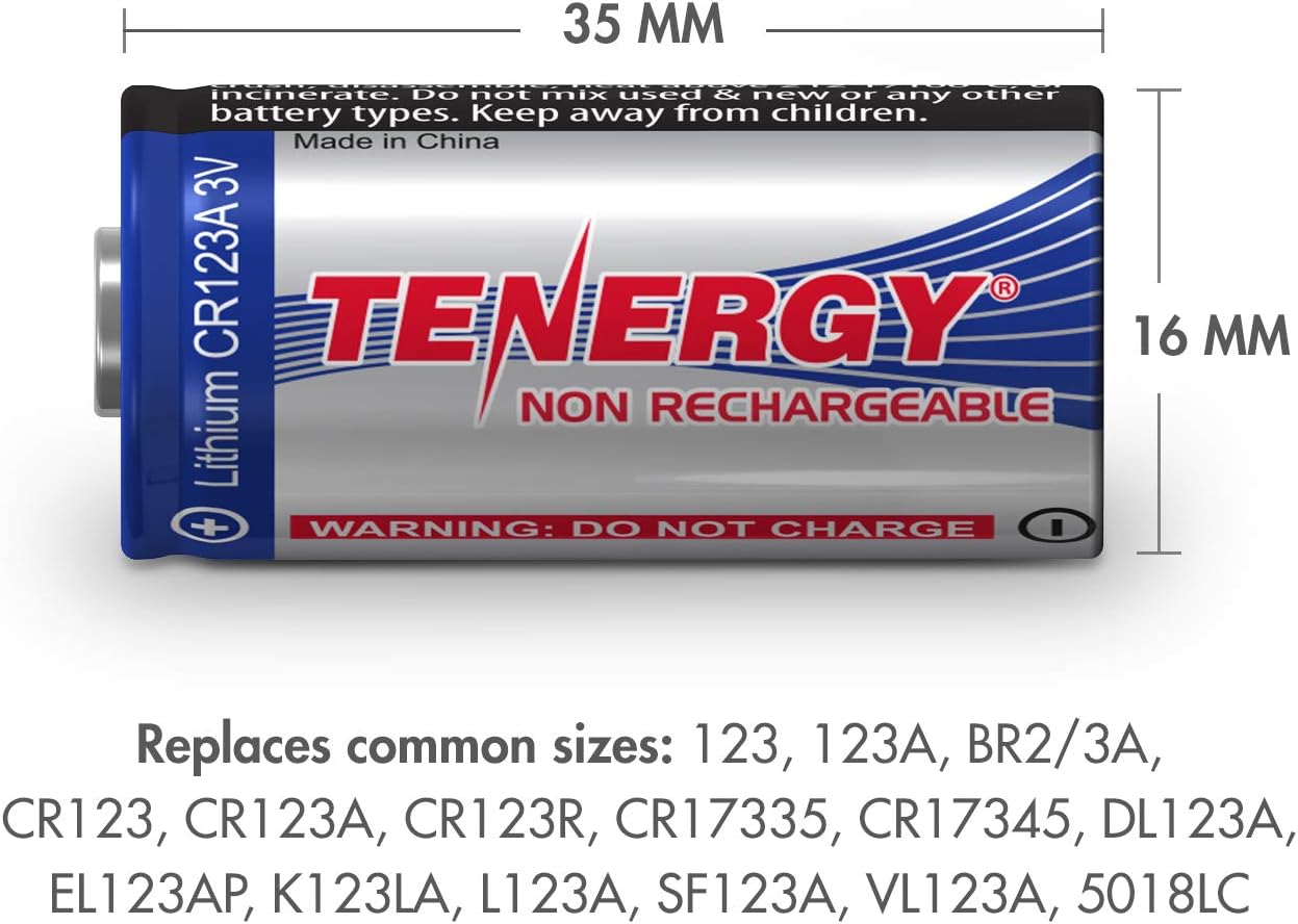 Tenergy 1500mAh 3V CR123A Lithium Battery, High Performance CR123A Cell Batteries PTC Protected for Cameras, Smart Sensors Replacement CR123A Batteries, 40-Pack (Non-Rechargeable): Electronics