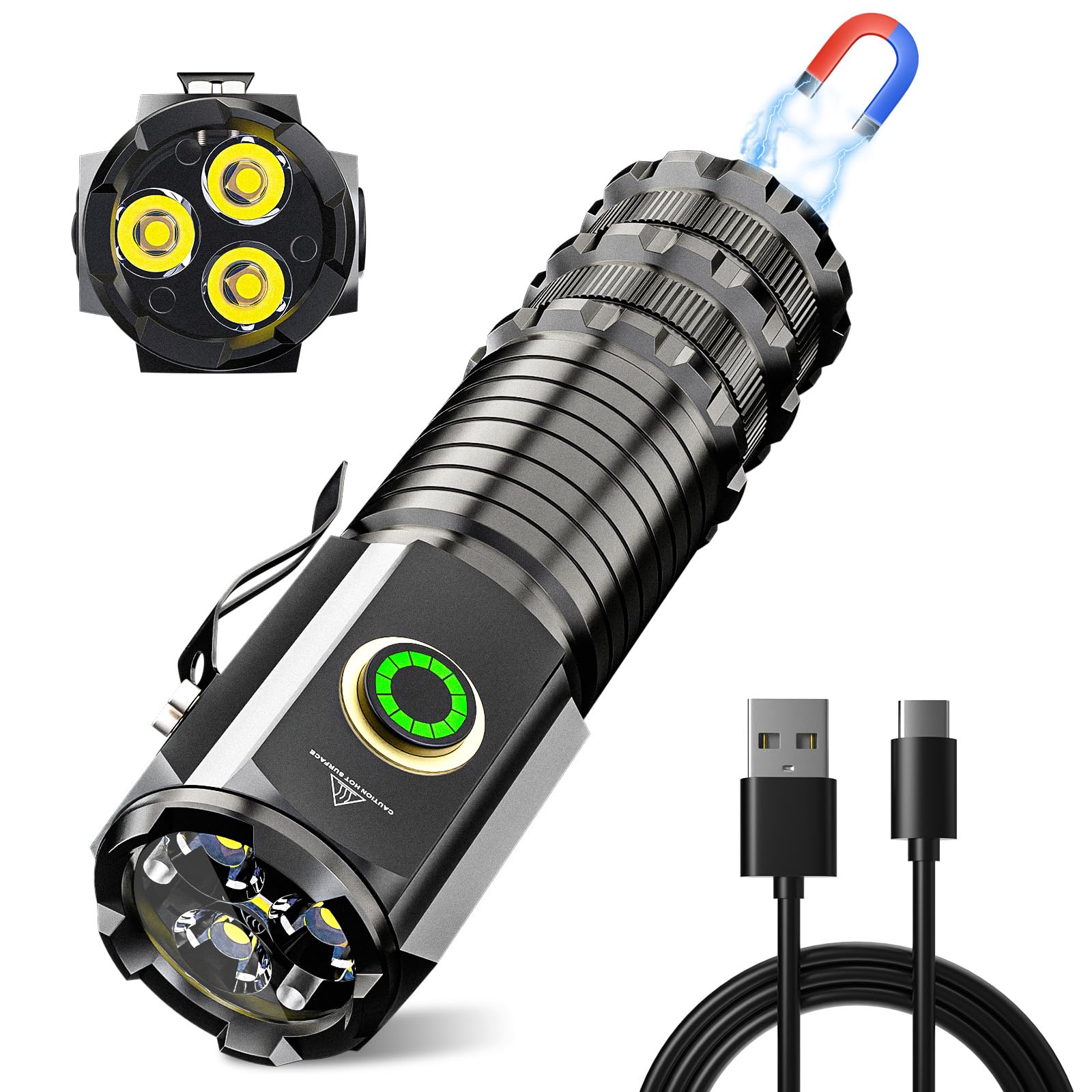 Wind&Moon Small Powerful Torch Rechargeable,High Lumens Led Torches Super Bright Battery Powered,Pocket Torch 5 Modes IPX5 Waterproof Magnetic Clip On Head Torch for Camping,Travel,Hiking,Emergency