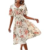 Floerns Women's Ruffle Short Sleeve Wrap V Neck Boho Floral Dress A Line Smocked Midi Dress