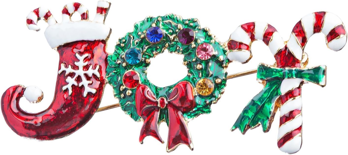 Christmas Jewelry Rhinestone JOY Candy Cane Wreath Stocking Brooch Pin