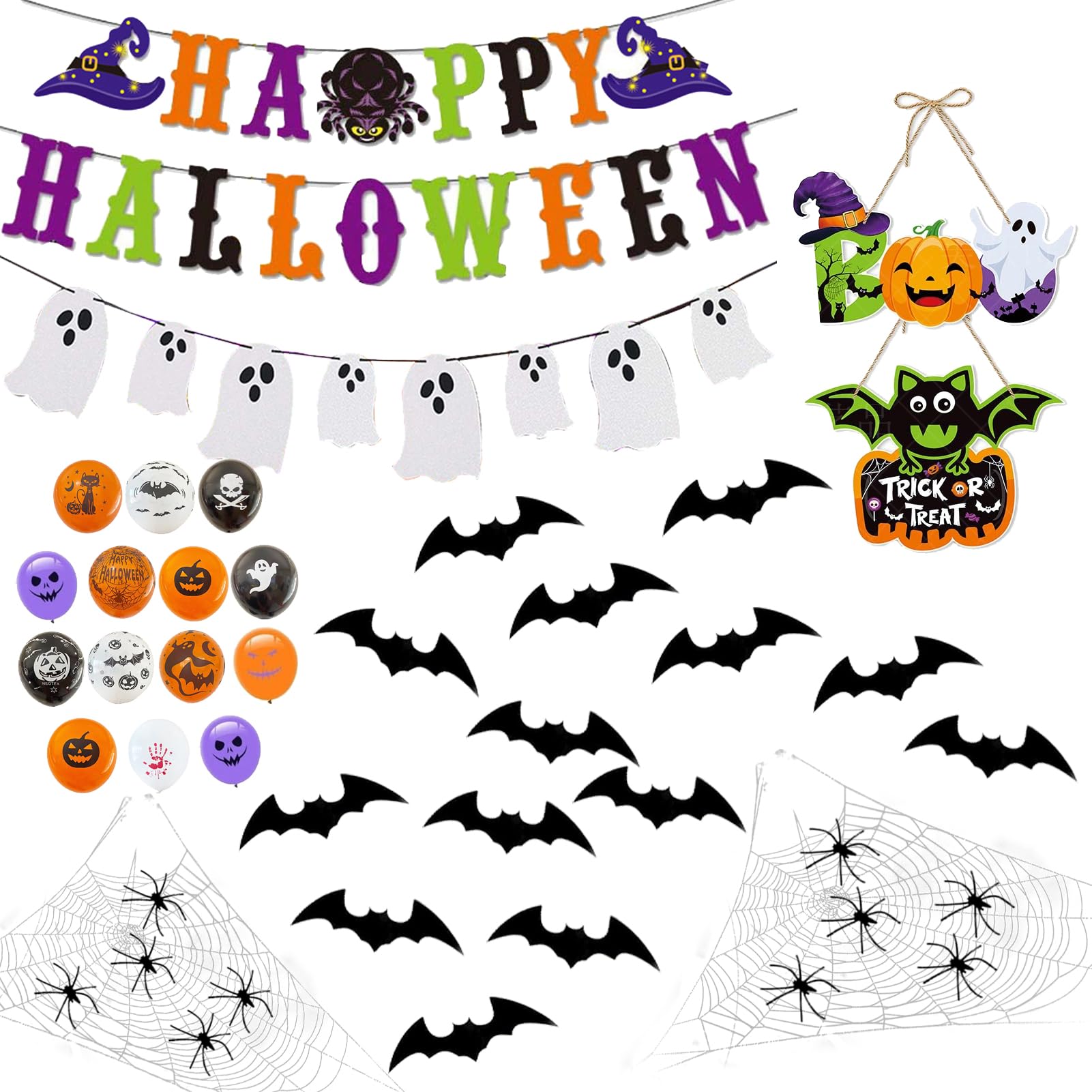 Photo 1 of 100+ Piece Halloween Decorations Set - All-in-One Kit Halloween Decor with Banner, Hanging Bats, Spider Web Decoration, Balloons, Photo Props & More! Fun for Kids & Family