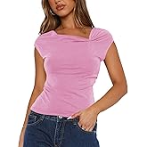 Orchidays Women's Cap Sleeves Gathered Neck Top Casual Fitted T-Shirt
