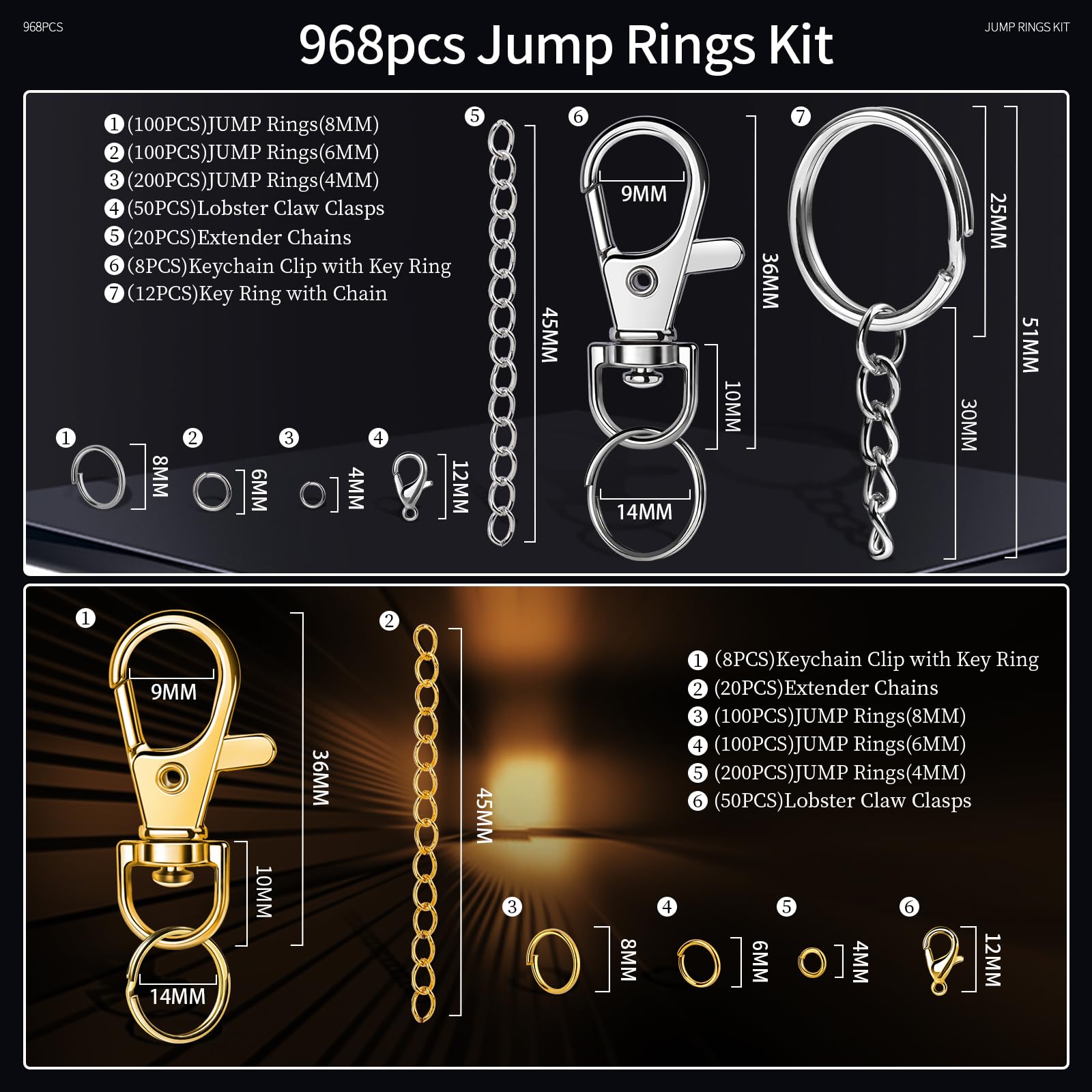 LEOBRO Jump Rings, 968pcs Keychain Making Kit, Keychain Clip and Key Ring, Key Chain Rings, Lobster Claw Clasps for Keychains, Charm Bracelet Jewelry