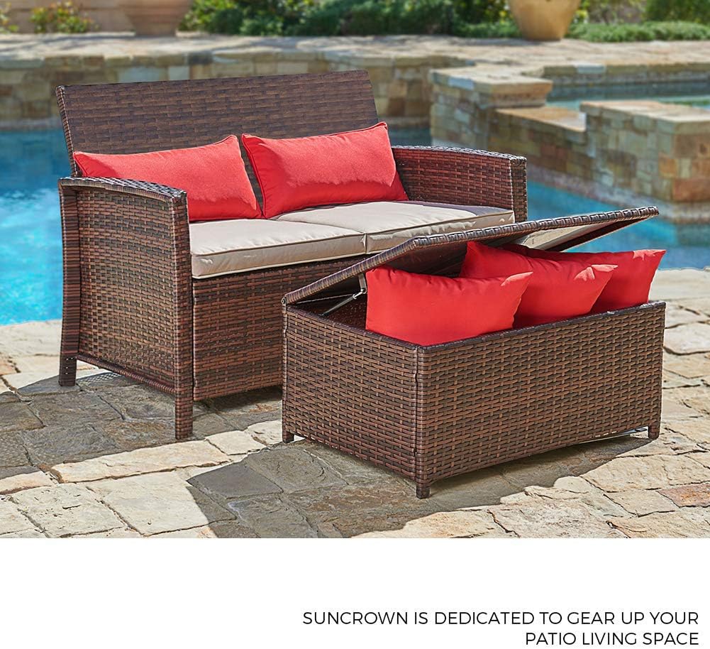 Amazon Com Suncrown Outdoor Furniture 2 Piece Patio Wicker Love Seat With Coffee Table Set All Weather Cushions And Built In Storage Bin Garden Outdoor