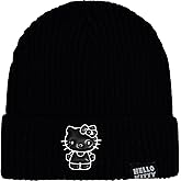 Hello Kitty Beanie Hat, Women's Acrylic Cuffed Knitted Winter Cap, Black, One Size