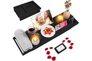 BESHOF Foldable Bathtub Caddy Tray, Bamboo Bath Tub Tray Table for Tub with Wine Glass Holder Book Phone Tablet Holder with Extending Sides, Adjustable Bathroom Bathtub Free Soap Holder Gift Idea (Black)