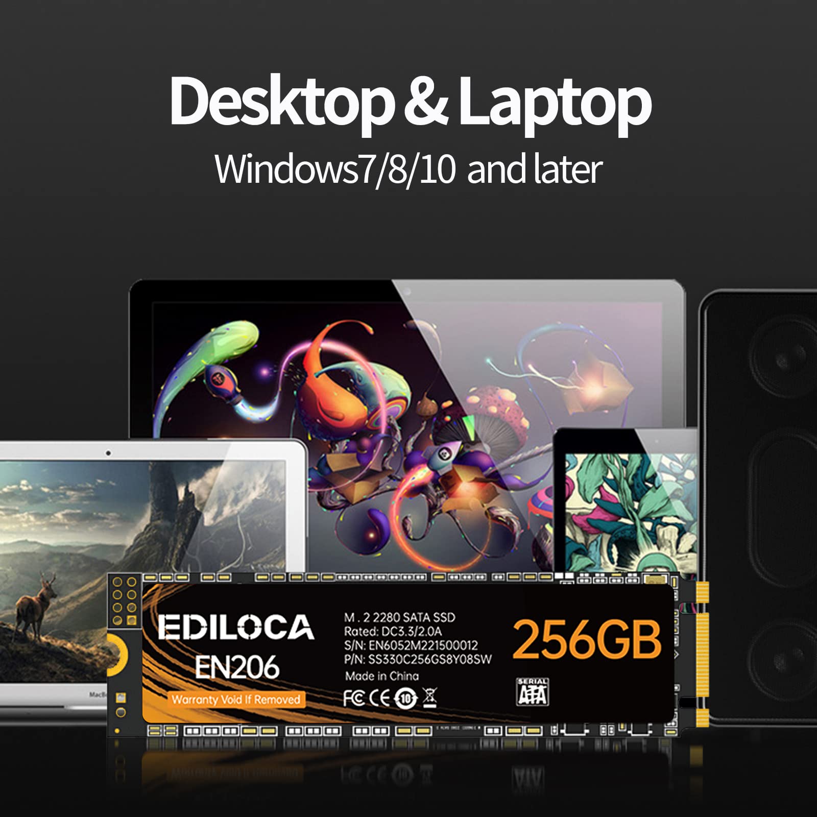 Ediloca EN206 256GB 3D NAND TLC M.2 SSD, M.2 2280 SATA III 6Gb/s SSD Internal Hard Drive, Read/Write Speed up to 550/460 MB/s, Compatible with Ultrabooks, Tablet Computers and Mini PCs
