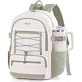 LOVEVOOK School Backpack for Teen Girls, Large Capacity College Student Backpacks with Water Bottle Holder, Cute Laptop Backpack Purse for Women, Lightweight Casual Travel Backpack, Beige-green