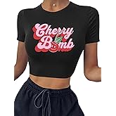 Y2k Baby Tees Crop Top for Women Cute Cherry Bomb Graphic Print Short Sleeve Casual Slim Fit Girls Tee Tops