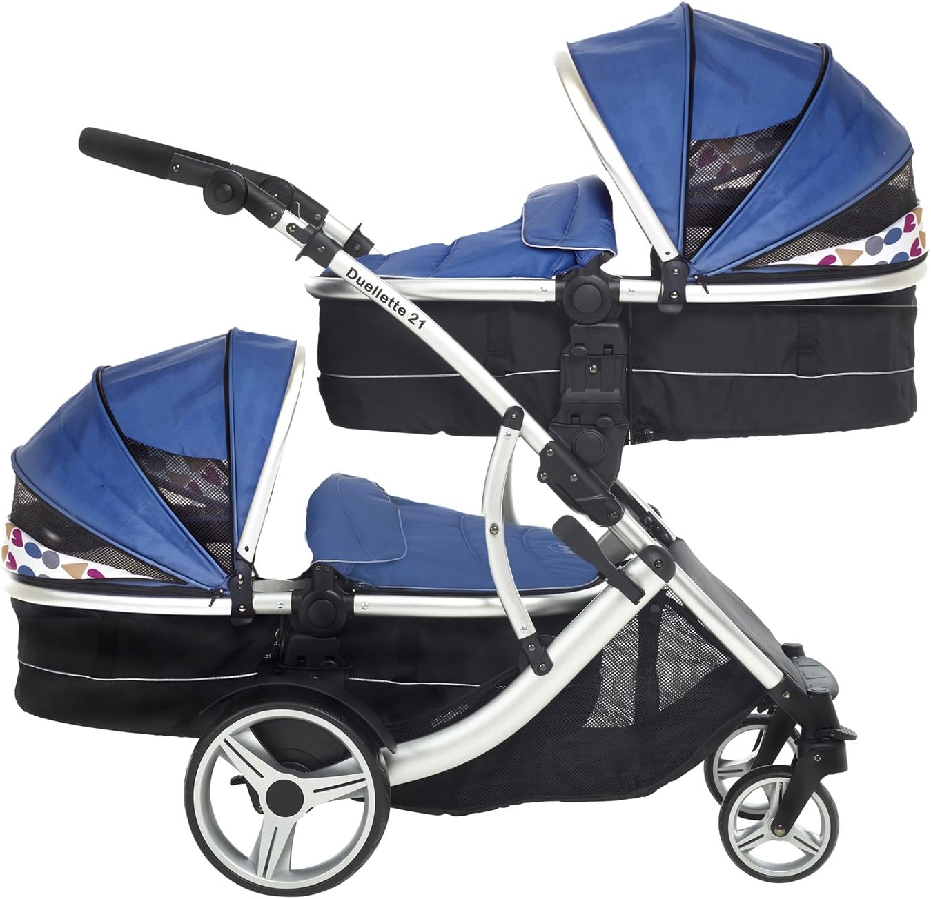 Duellette 21 Combo Twin Tandem Pushchair Baby Newborn carrycots Pram Travel system : 2 Pramette/seat units. Blueberry by Kids Kargo