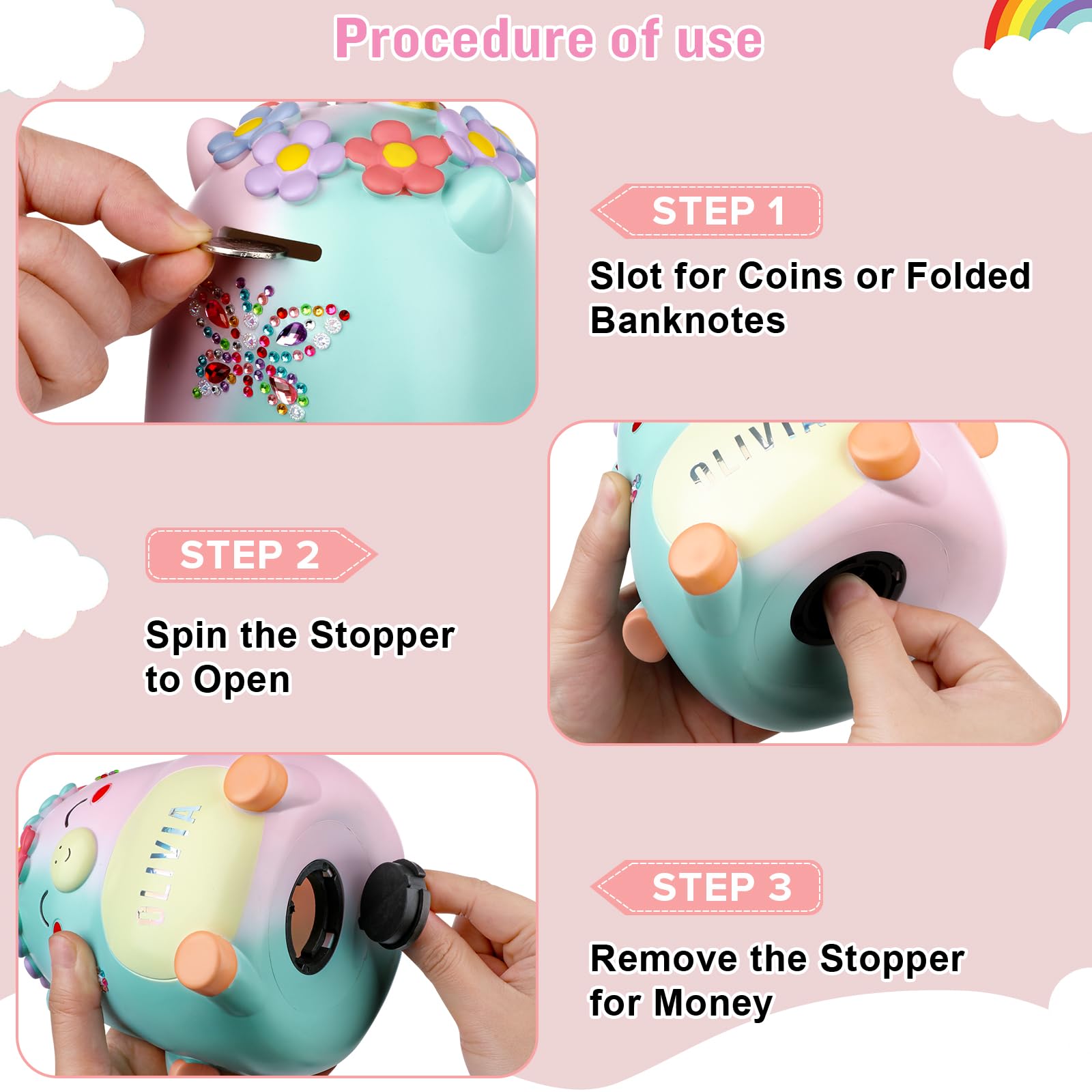 Unicorn Piggy Bank Girls – Cute Rainbow Kids Piggy Bank for Girls, Personalized Unbreakable Resin Coin Money Bank for Kids with Stickers for Toddlers… (Rainbow)