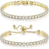 Double Fair 2 Pcs Tennis Bracelets for Women 14K Gold Plated AAA+ Cubic Zirconia CZ Diamond Classic Adjustable Slider Bracelet Fashion Jewelry Wedding Gift Size 6.5-7.5 Inch