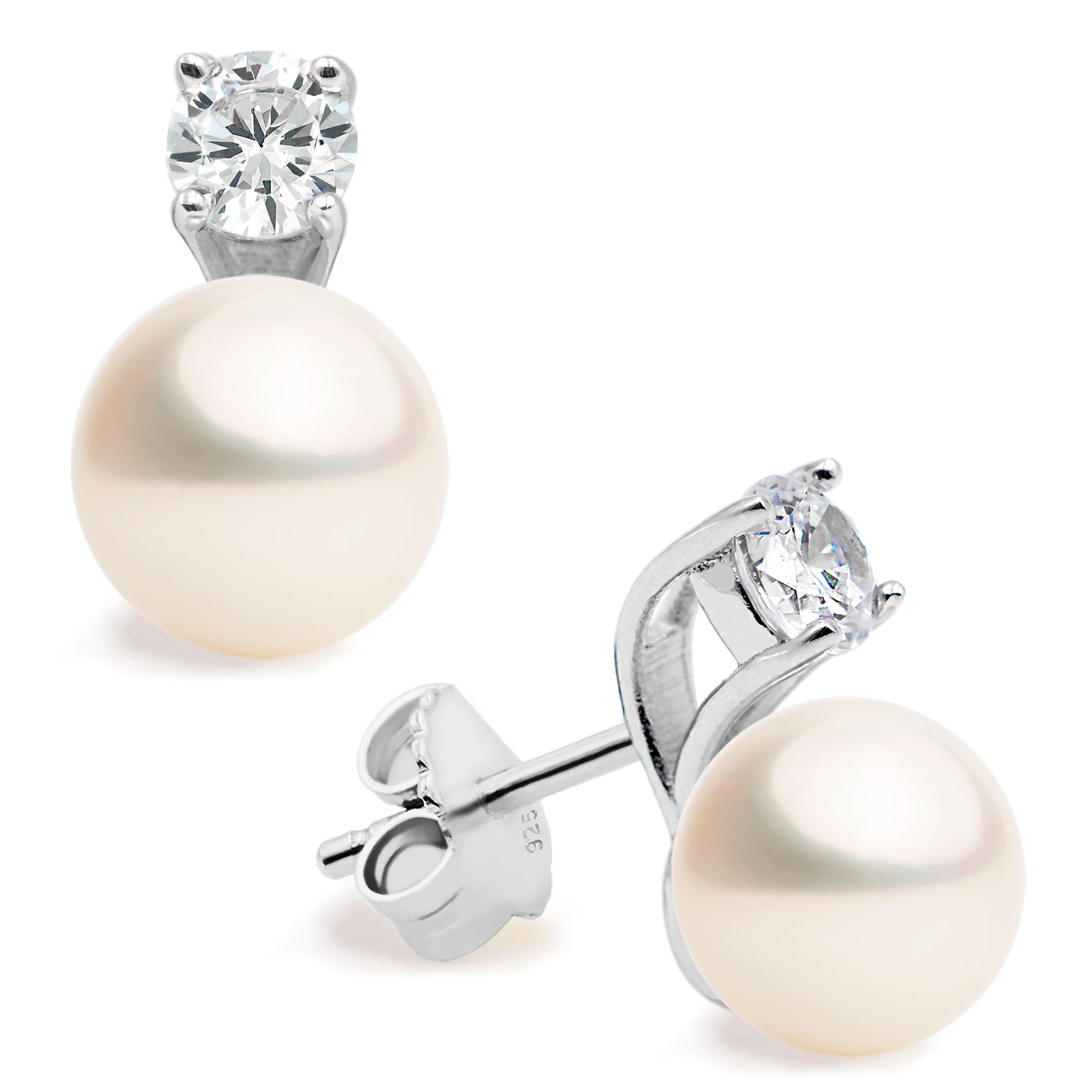 Women Pearl Stud Earrings, Fresh Water Cultured Pearls Button Shape 8-9 mm with a Cubic Zirconia Stone by Secret & You | Sterling Silver 925 Mounts with big nuts. — image 1