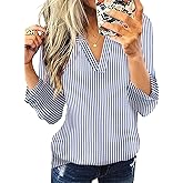 WIHOLL Business Casual Outfits for Women 3/4 Length Long Sleeve Shirts Business Dressy Casual Blouses V Neck Work Fall Tops for Teachers 2025 Striped L