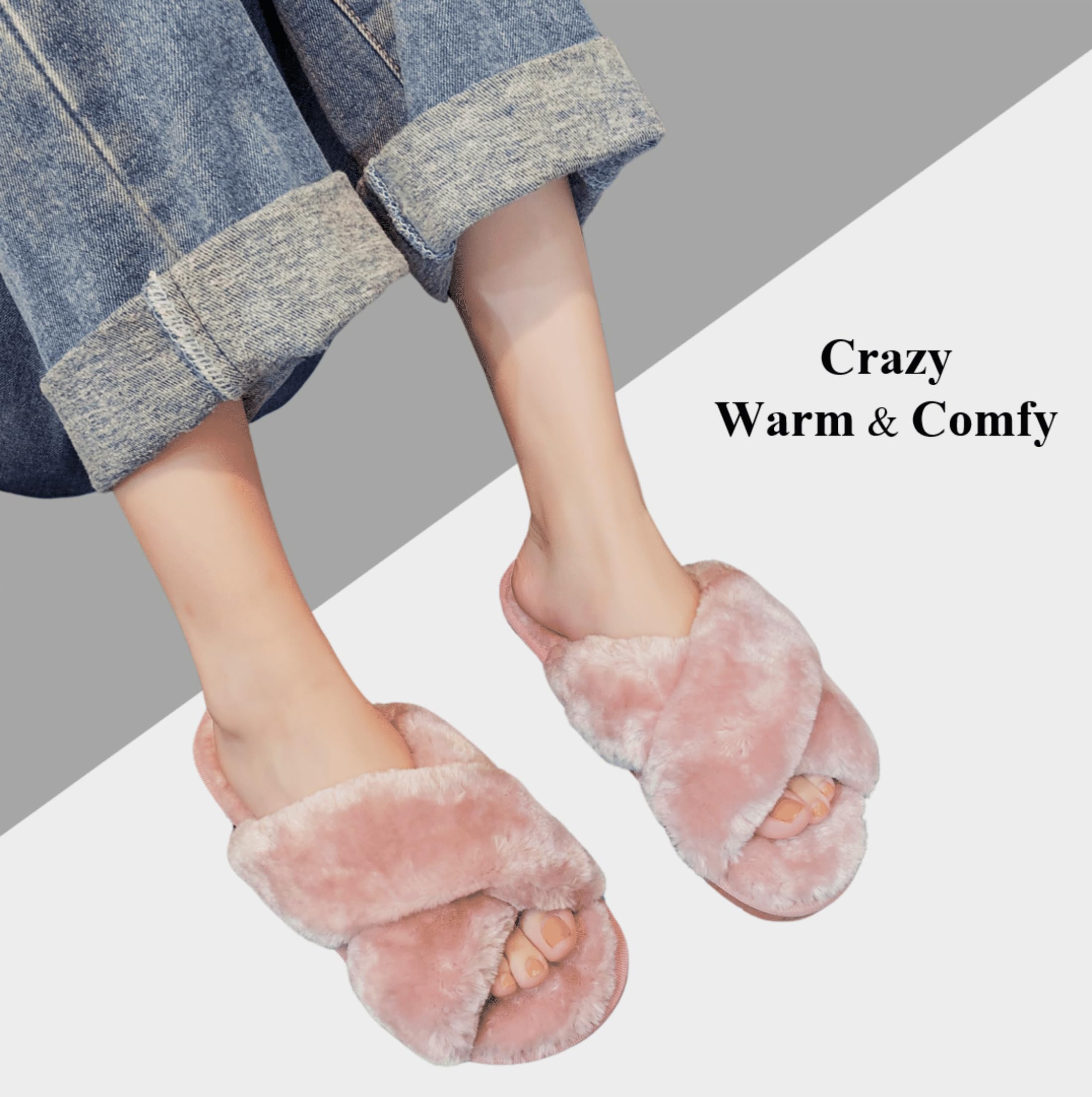 Crazy Lady Women's Fuzzy Fluffy House Slippers Cute Plush Memory Foam Shoes Cross Band Indoor Outdoor Open Toe Sandals