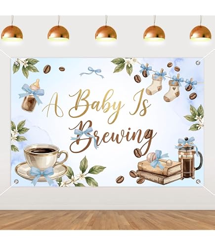 Tea-Party Baby Shower Banner Für Jungen – „A Baby Is Brewing“, Blumen-Tee-Motiv, Blau, Vorgespannter Hänger