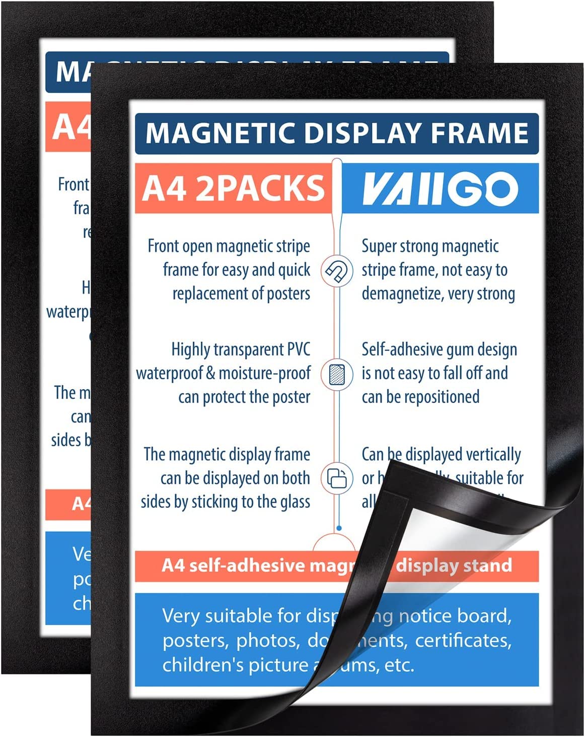 VAIIGO A4 Self Adhesive Magnetic Display Frame, Magnetic Paper Holder for License, Photos, Documents (2Pack, Black) — image 1