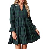 Ladyful Women's Long Sleeve Plaid Mini Dress Vintage V Neck Tiered Checkered Babydoll Ruffle Flowy Dresses