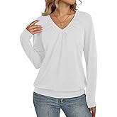 Eachyes Womens V Neck Long Sleeve Shirts Banded Bottom Pleated Tops Fall Dressy Casual Blouses 2025