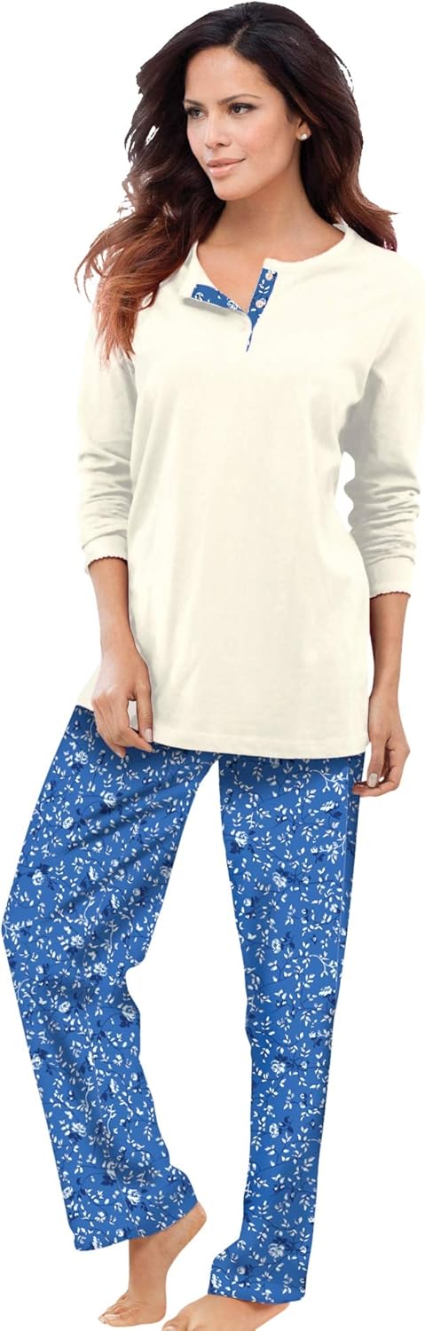 Only Necessities Women S Plus Size Henley Pj Set Pajamas 5x Blue Ivory Multicolored At Amazon Women S Clothing Store