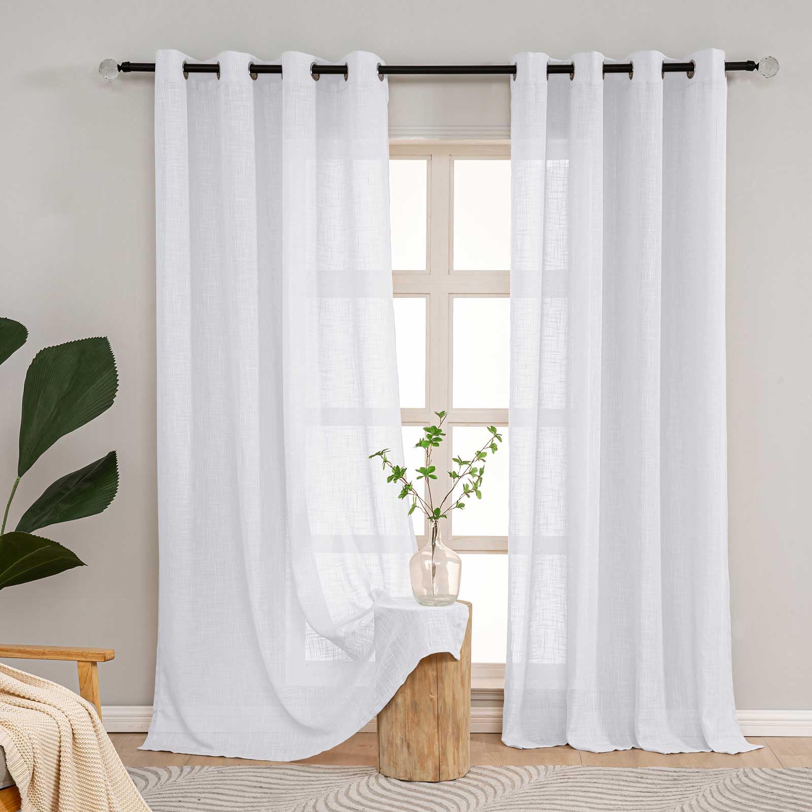 L.Z.E Curtains White Semi Sheer, 96 Inch Drop Linen Look Curtain for Living Room Bedroom Windows, Heavyweight Pure White Mesh Sheers with Eyelet, 2 Panels Pack Net Drapes, 245 cm Long Textured Plain