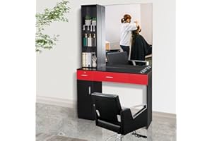 Mefeir Wall Mount Hair Styling Barber Station with Support Leg & Mirror,Hair Salon Equipment, Spa Furniture Set Red & Black