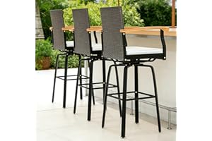 COSTWAY Outdoor Bar Stools Set of 3, 29'' Swivel Rattan Wicker High Top Chairs with Acacia Wood Armrest, Cushions and Backres