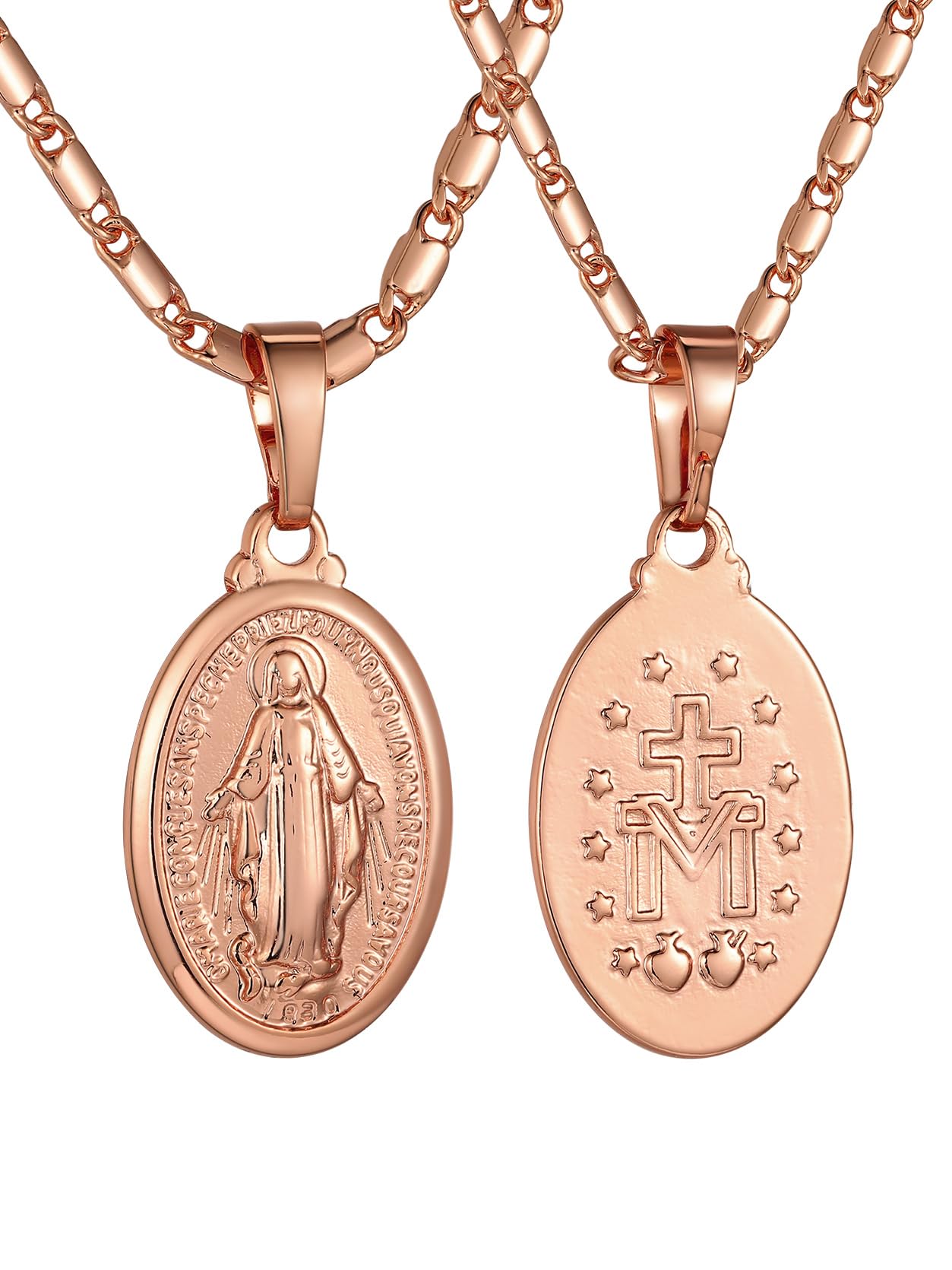 GoldChic Jewelry Oval Miraculous Medal Necklace, Our Lady of Graces Pendant with Filigree Border, Virgin Mary Religious Jewellery for Women Men (Small - Rose Gold Plated)