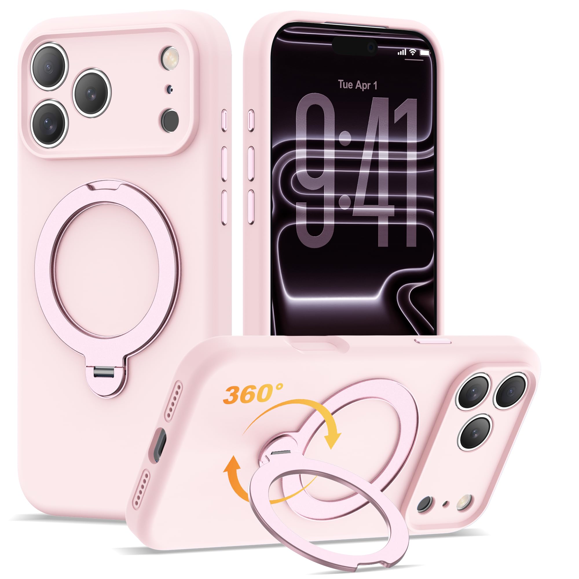 LEKMOTIN Compatible with iPhone 17 Pro Max Case 6.9'' with 360 Spin Magnetic Ring Stand[Compatible with Mag-Safe] Soft Liquid Silicone 17 Pro Max Case for Men Women,Pink