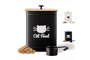 HB DESIGN CO. Cat Food Storage Container with Scoop - 5-7 lb (25 Cup) Capacity Metal Cat Food Container with Airtight Bamboo Lid and Metal Scoop - Airtight Pet Food Storage Containers 5 lb - 7 lb Kibble Container