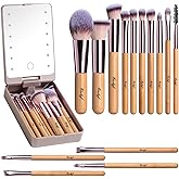Oneleaf Travel Makeup Brush Set Foundation Powder Concealers Eye Shadows Makeup Set with LED light Mirror 14 Pcs Mini Makeup Brushes (Bamboo)