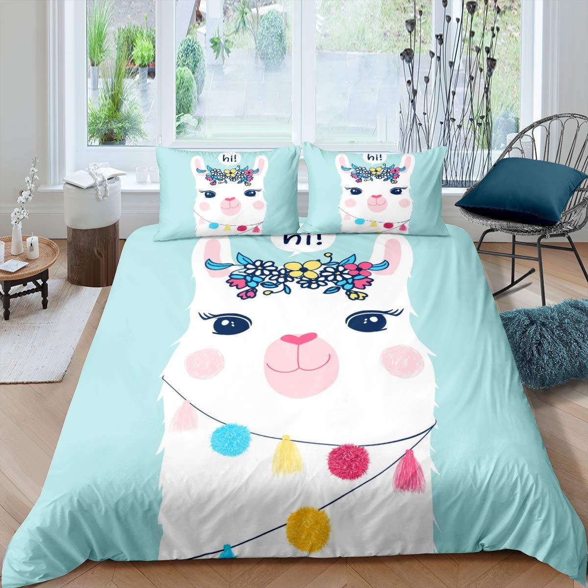Girls Cute Llama Comforter Cover Cartoon Llama Alpaca Bedding Set Lovely Animal Theme Duvet Cover for Daughter Colorful Floral Flowers Bedspread Cover Room Decor Bedclothes Double Size
