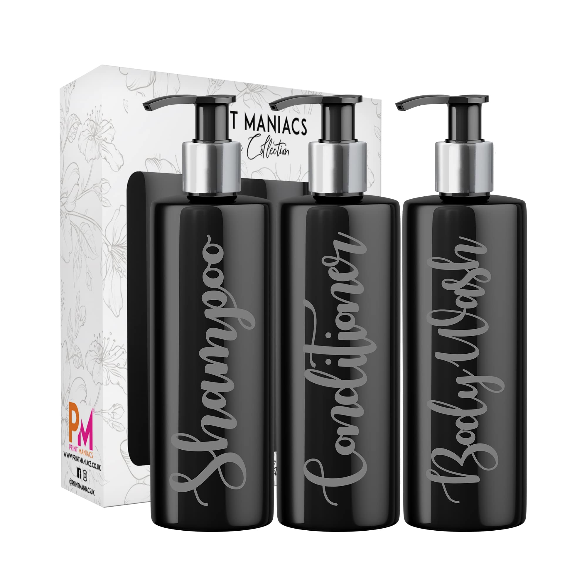 Print Maniacs 3 Set Mrs Hinch Inspired Black Personalised Dispenser Pump Bottles Shampoo Conditioner Body Wash (Grey)