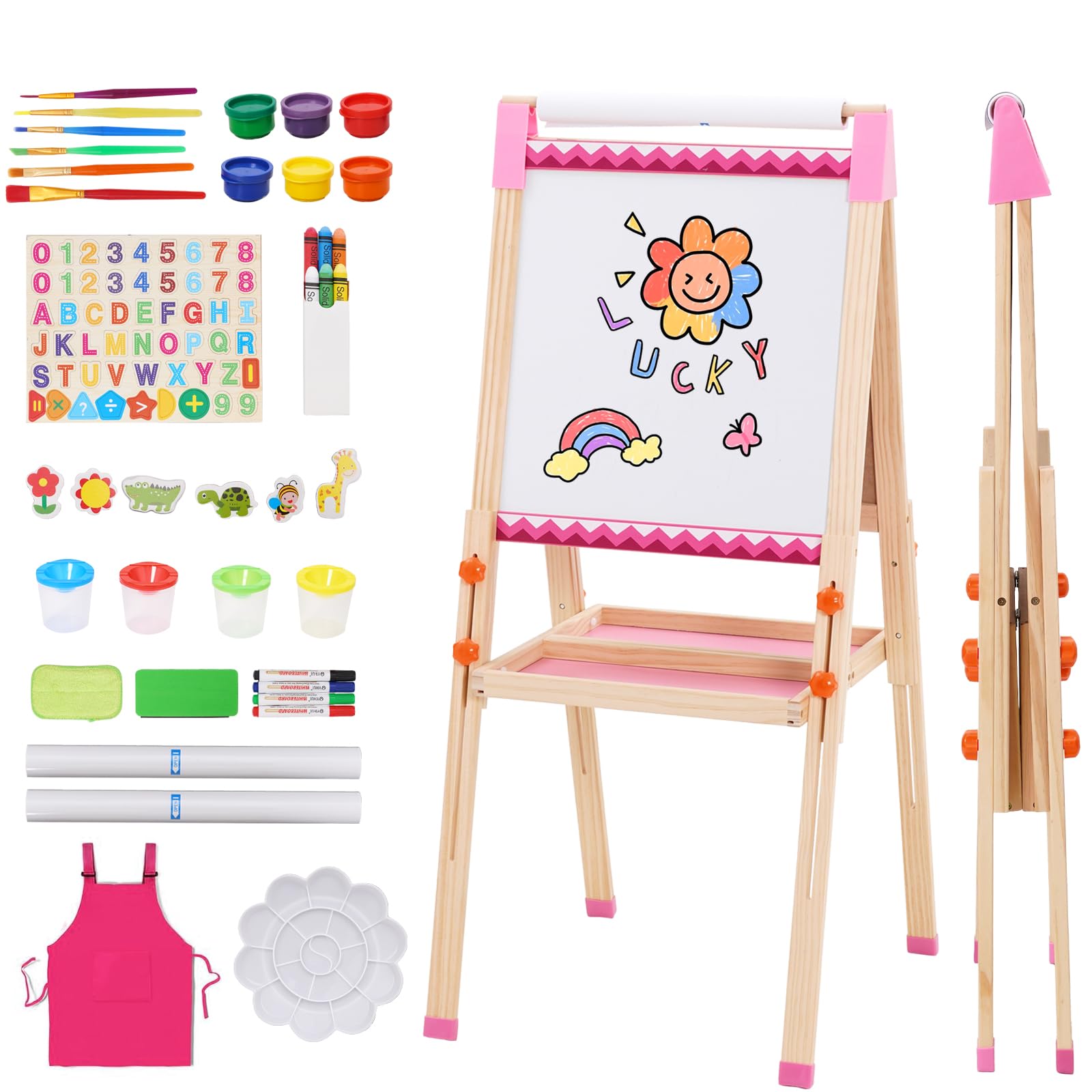 Kids Easel with Paper Roll Foldable,Double Sided Standing Art Easel Height Adjustable with Storage,White Board and Black Board,Toddler Painting Set,Painting Present for Girls and Boys,Pink