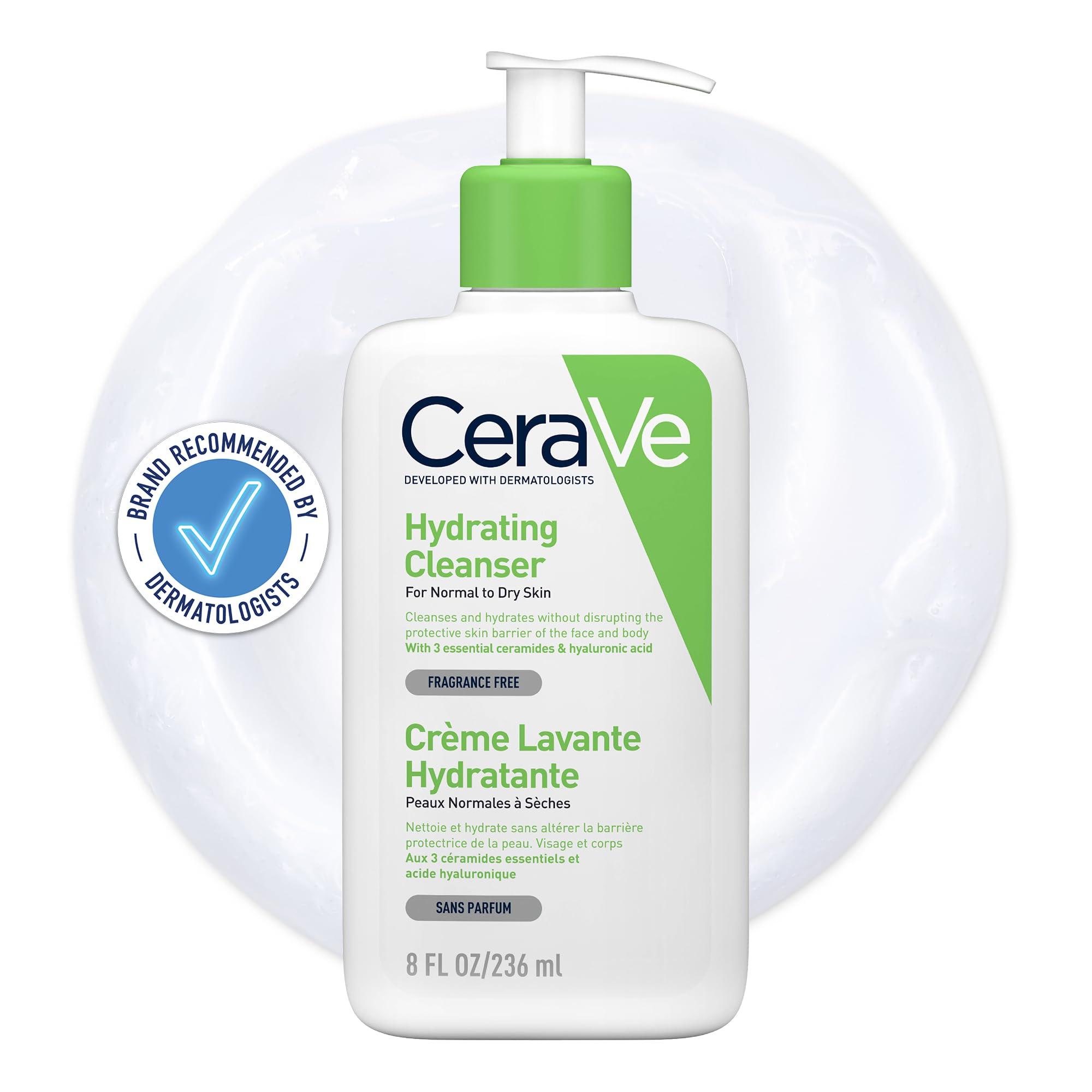 CeraVe Hydrating Cleanser, for normal to dry skin, contains Hyaluronic Acid and 3 essential ceramides, facial cleanser for sensitive skin, Cerave skin care face wash, 236ml