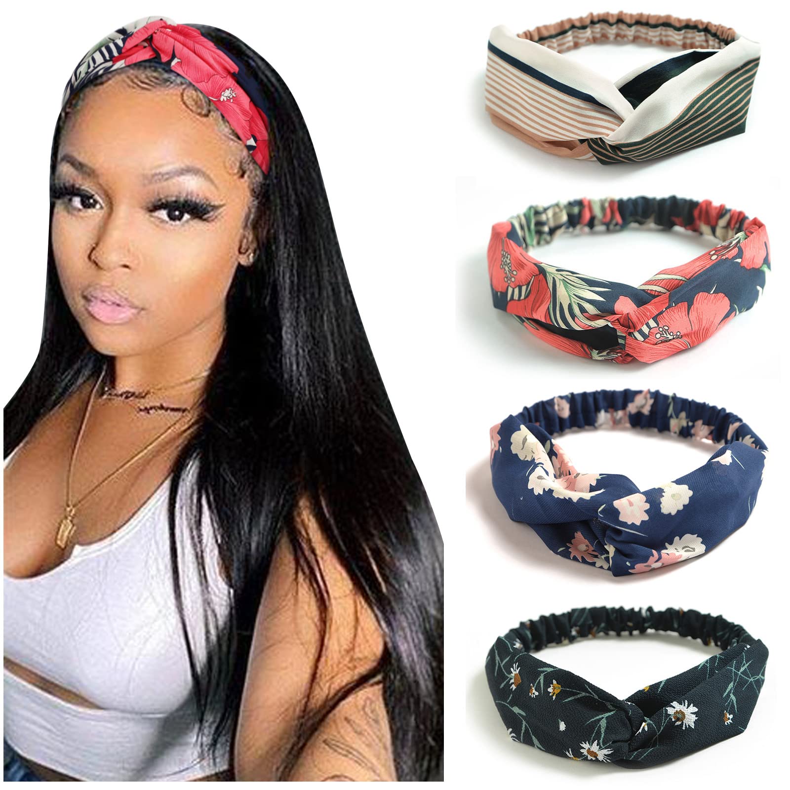 DRESHOW 4 Pack Women Headbands Vintage Elastic Boho Floral Style Criss Cross Head Wrap Hair Band Cute Hair Accessories