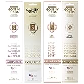 Gonesh Bliss Collection - Incense Sticks Variety Pack - Non-Toxic 10” Slow Burn Aromatic Sticks - Palo Santo, Egypt, White Musk, White Patchouli - 20 Sticks Each
