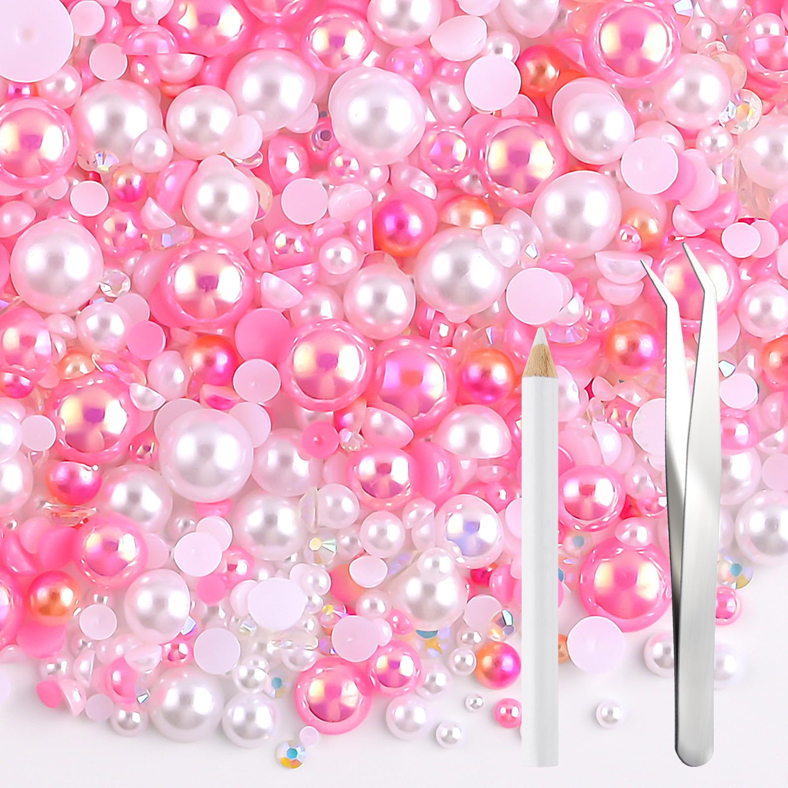 NACHLYNN 60g Mix Pearls and Rhinestones for Crafts Flatback Rhinestones Half Round Mixed Size 3mm-10mm Flatback Pearls for Crafts DIY Nail Art Shoes Clothes Tumblers Mugs (Pink White)