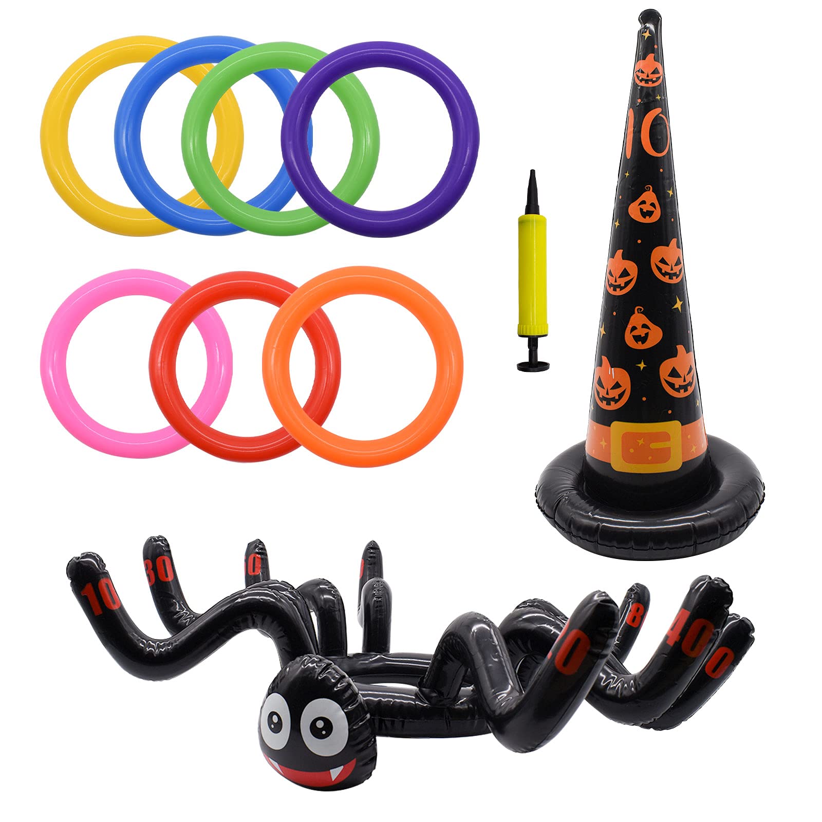 TRIXES Halloween Inflatable Ring Toss Game Set - Inflatable Spider and Witches Hat - Air Pump Included - Halloween Party Game