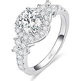 VAXOJEL Moissanite Halo Engagement Ring for Women,1.6CT D Color VVS1 Moissanite Half Eternity Ring,Round Cut S925 Sterling Silver with 18K White Gold Plated Wedding Band Promise Ring(6)