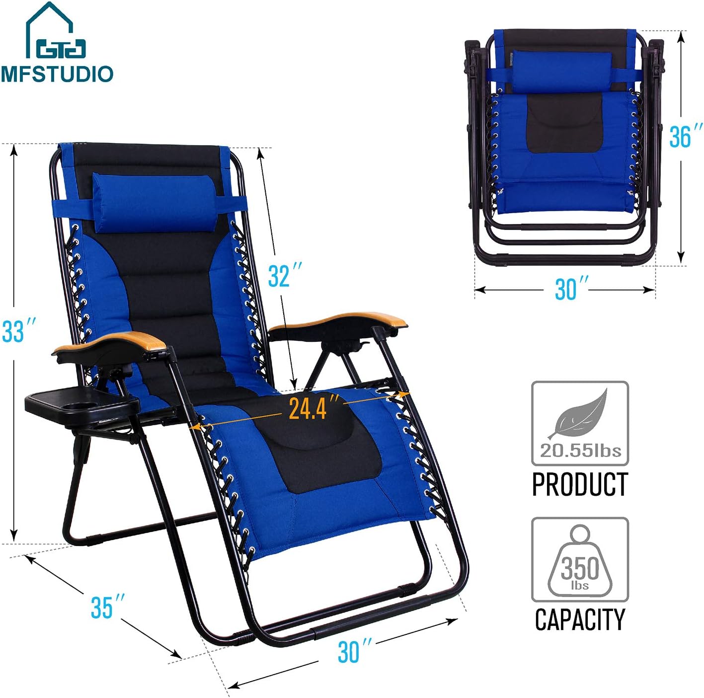 MFSTUDIO Oversized Zero Gravity Chair XL Patio Recliners Padded Folding Chair with Cup Holder, Extra Wide Chaise Lounge for Poolside Outdoor Yard Beach, Navy Blue : Garden & Outdoor