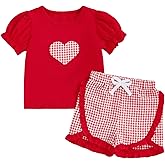 Hnyenmcko Toddler Baby Girl Valentine's Day Outfit Love Heart Embroidered Ruffled Trim T-Shirt Tops Plaid Shorts Set