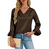 Womens Satin Silk Blouses 3/4 Sleeves Ruffle Shirts Dressy Business Casual Tops V Neck Pleated Elegant Work Office Wear