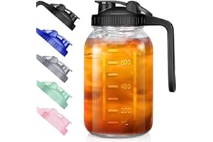 Wide Mouth Mason Jars 32 oz with Pour Spout Lids, SNGKMSYG 1 Quart Glass Pitcher with Lid, Double Leak Proof Breast Milk Pitcher for Fridge, Coffee, Water, Iced Tea (Black, 32oz, 1 Pack)