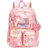 PIEAUWIE Kids Backpack for Girls, Cartoon School Bag for Elementary Middle School Students, Kawaii Children's Book Bag (17inch Pink)