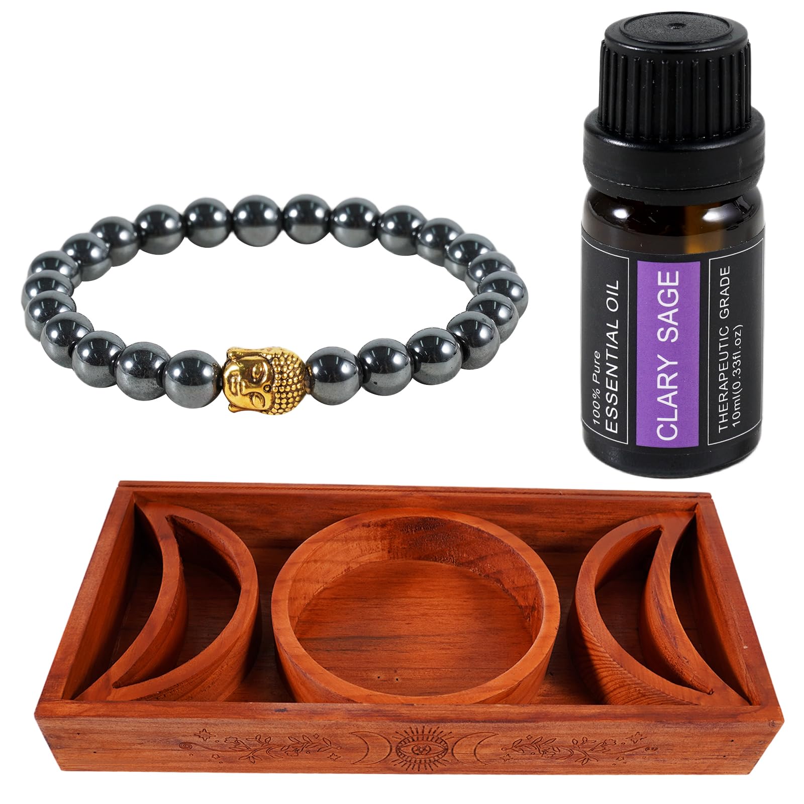 Soulnioi Tarot Card Holder Stand Crystal Display Moon Tray, Essential Oil 10ml Clary Sage, Tiger's Eye Hematite Bead Buddha Head Strand Bracelet, Gifts for Meditaion, Spiritual Healing